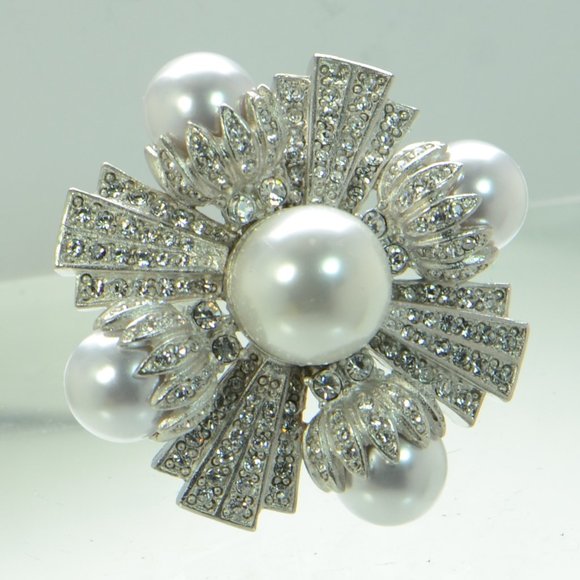 Kenneth Jay Lane Jewelry - Kenneth Jay Lane KJL Rhodium-Plated Faux Pearl & Rhinestone Cross Pin Br…